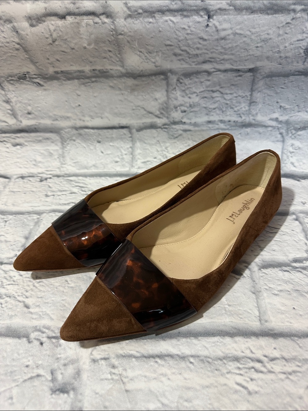 J. McLaughlin Brown Suede Pointed Toe Flats with Tortoiseshell Accent Size 7.5
